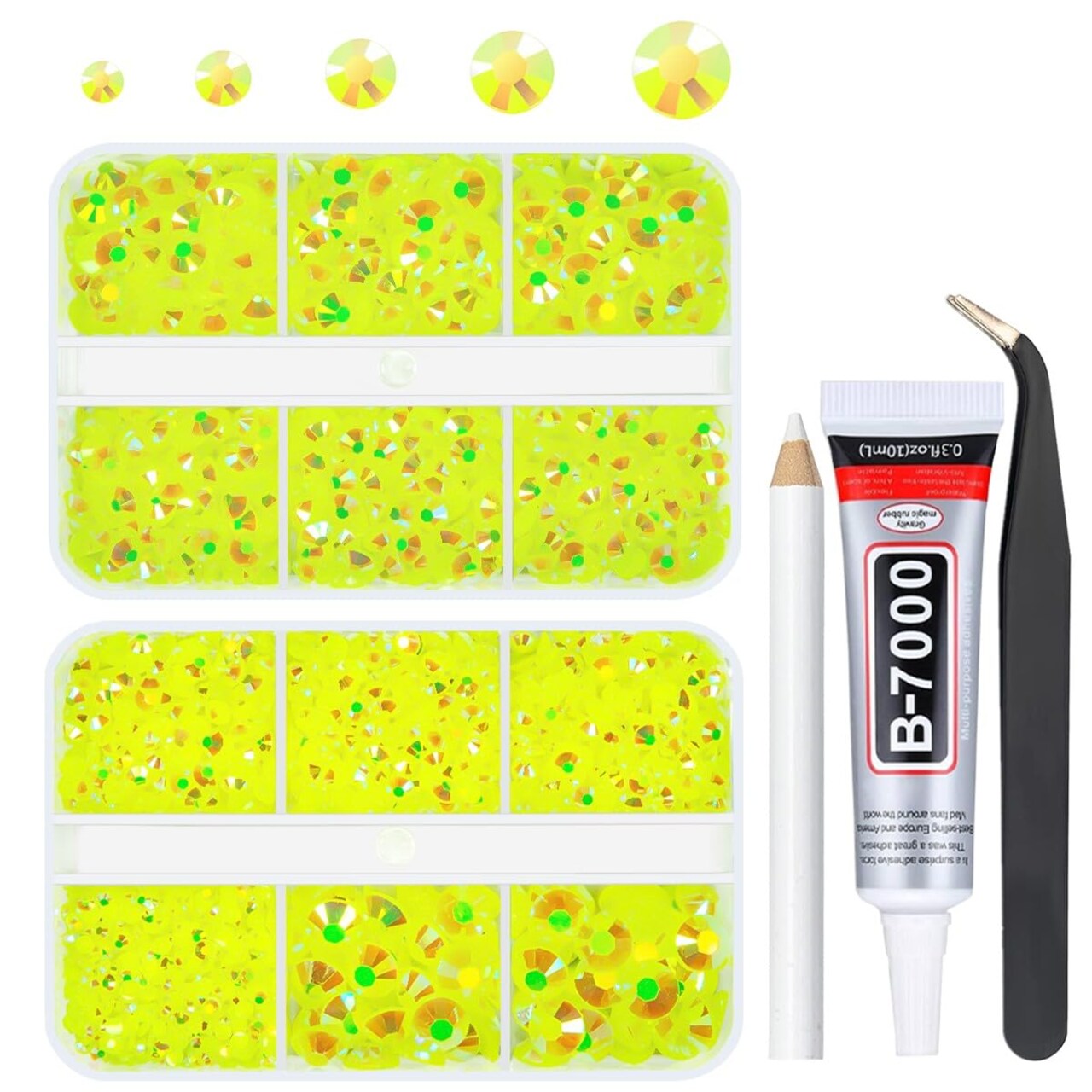 qiipii Neon Yellow AB Resin Rhinestones w B7000 Jewelry Glue for Bedazzling Crafting 2-6mm Fluorescent Yellow Flatback Jelly Stones Diamonds Gems for Face Eyes Makeup Tumblers Bottles Crafts Clothes